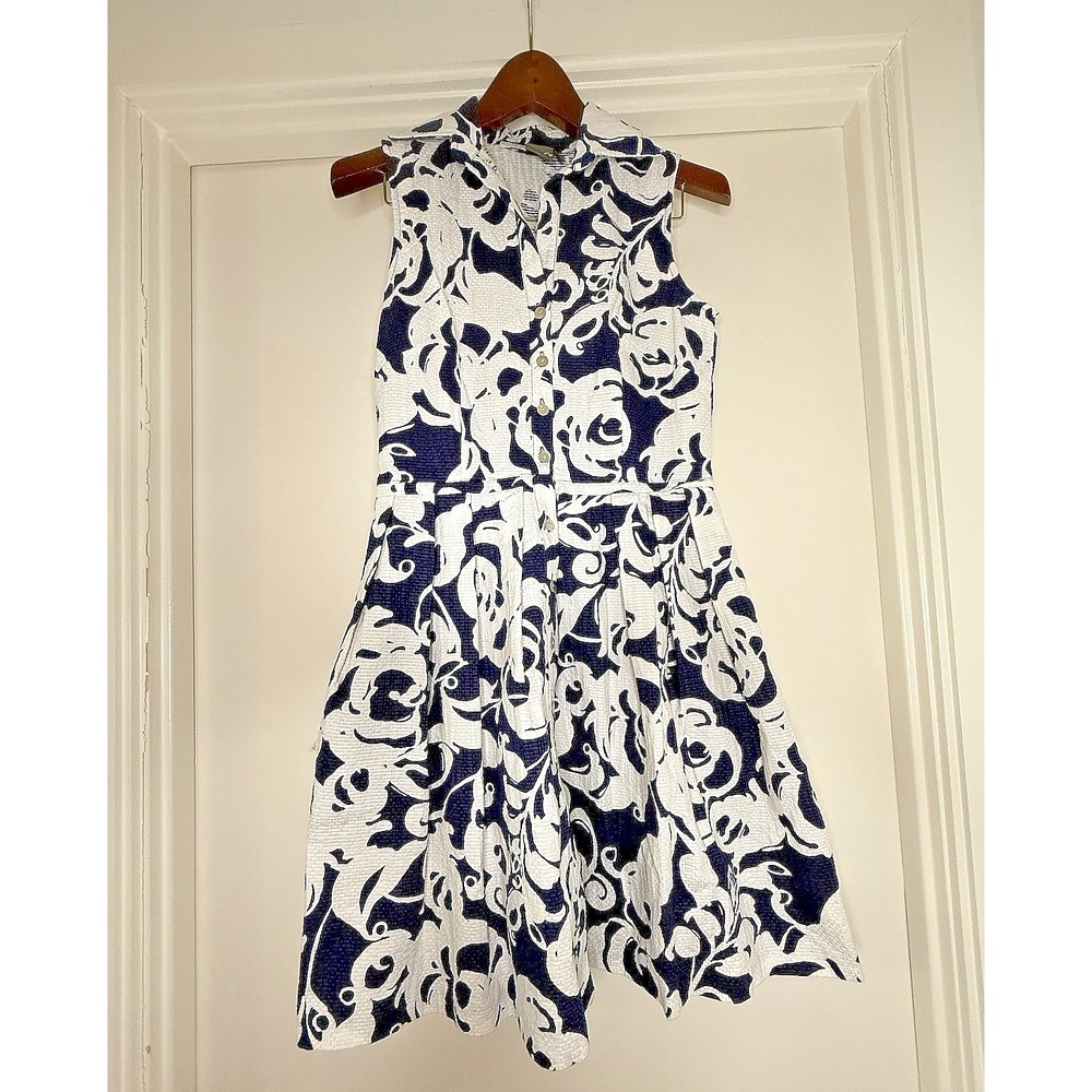 Wom Sz 6 TAYLOR Blue White Sleeveless Preppy Floral Nautical Teacher Flair Dress